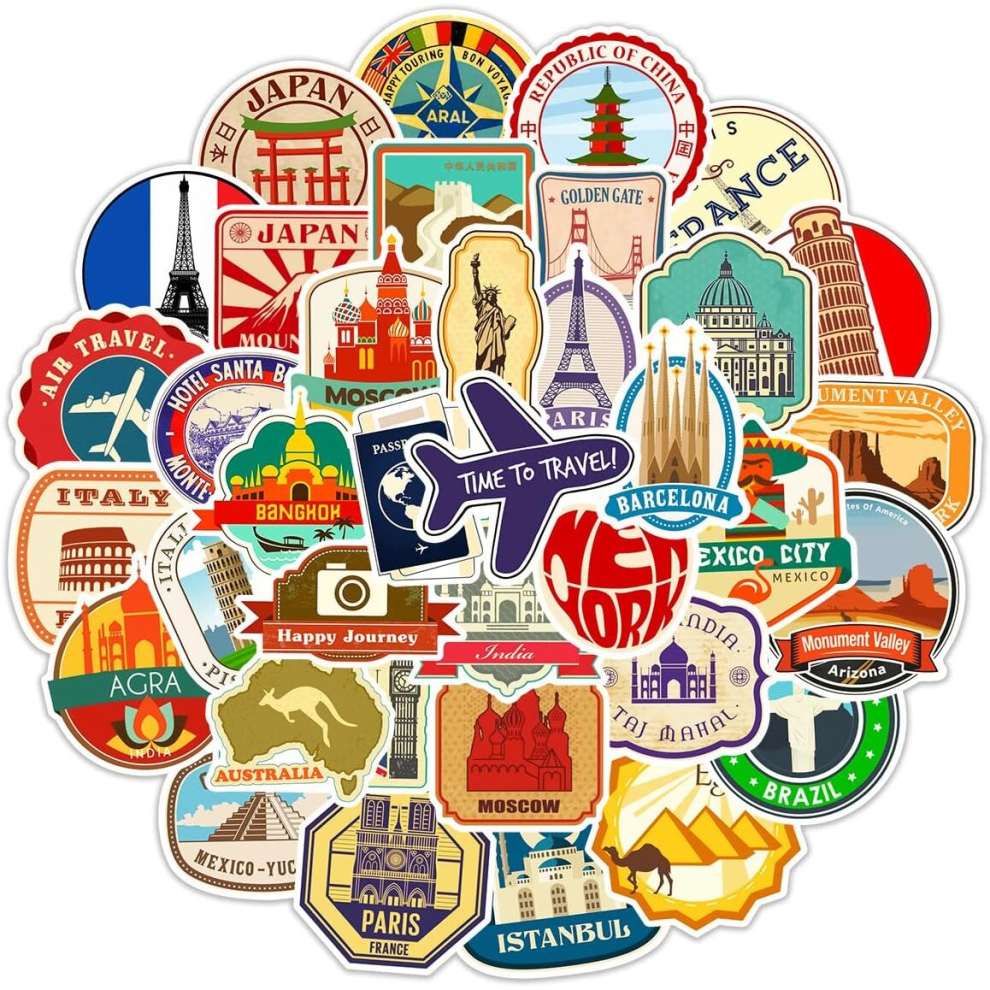 50 Pack Travel Around The World Stickers Vinyl Laptop ,Waterproof Travel Map Stickers for Water Bottles,Graffiti Stickers for Teens Kids Adults