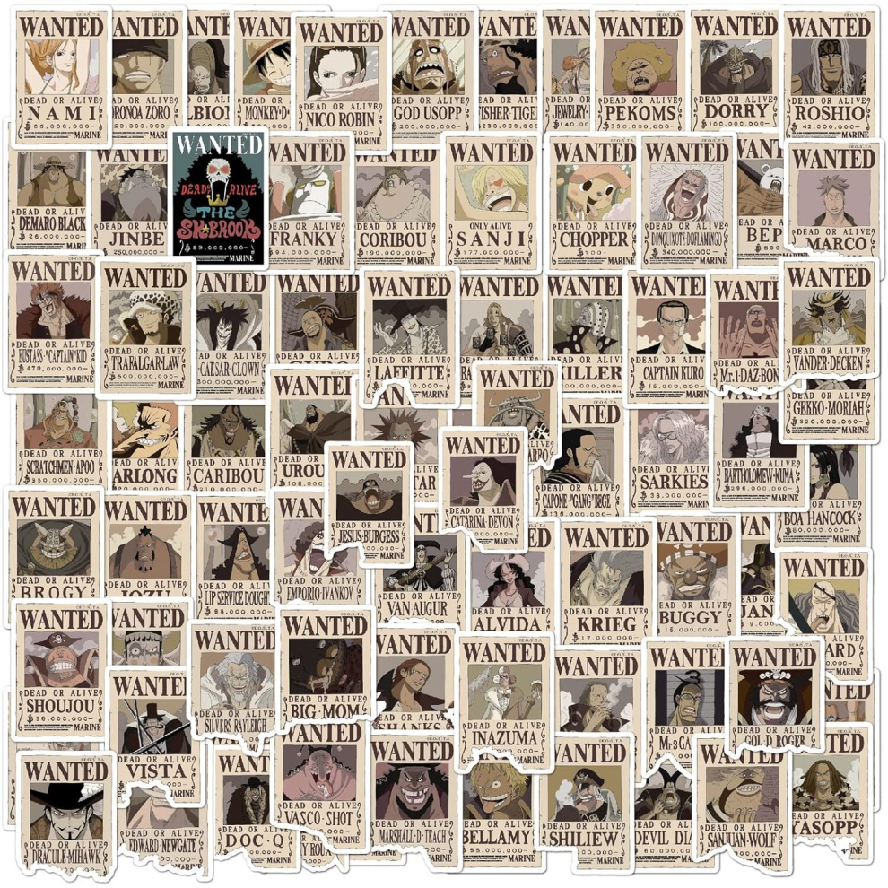 80pcs Anime One Piece Wanted Posters Stickers, Cute Vinyl Waterproof Sticker for Water Bottles, Laptop, Skateboards, Luggage, Phone Suitcase,Guitar