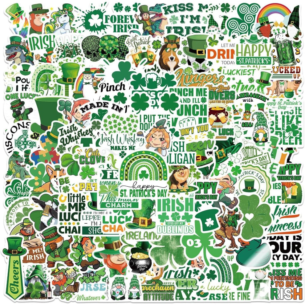 St Patrick's Day Stickers, 100 pcs Repeating Shamrock Leprechaun Irish Holiday Stickers Vinyl Laptop for Skateboard,Water Bottles,Cars,Scrapbook