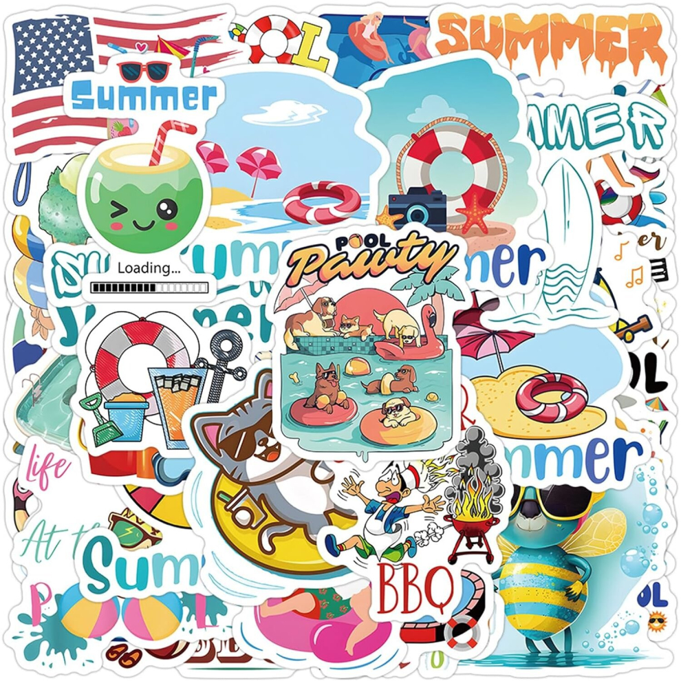 Summer Pool Stickers for Water Bottles, 52 PCS Stickers Cute Cartoon Vinyl Aesthetic Party Decoration Waterproof Laptop Skateboard Luggage Stickers