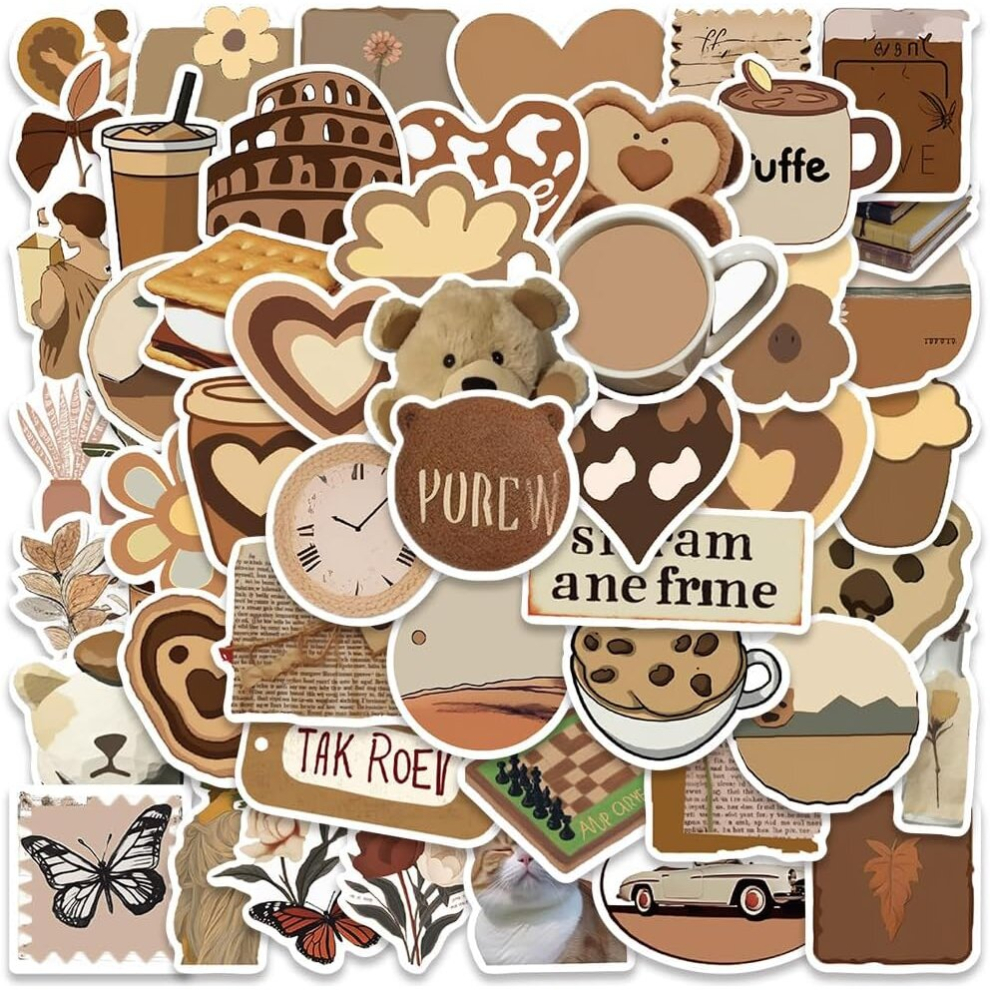 Cute Vintage Stickers,Retro Aesthetic Stickers,50Pcs Waterproof Vinyl Stickers for Water Bottles,Laptop,Scrapbook,Skateboard, Phone, Brown Stickers