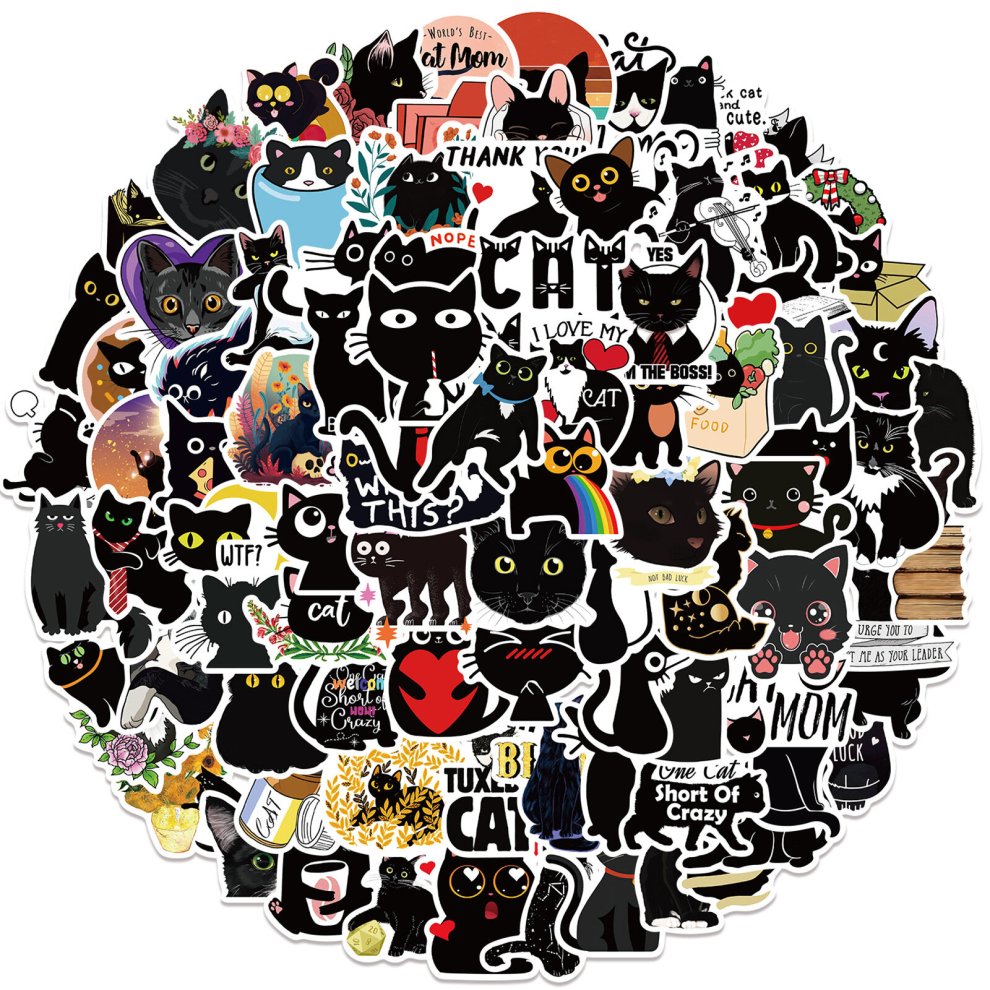 Tianci Cat Stickers 100Pcs, Cat Stickers Pack,Kawaii Cute Stickers For Adults,Waterproof And Vinyl Stickers For Water Bottle,Laptop,Phone,Skateboard Black