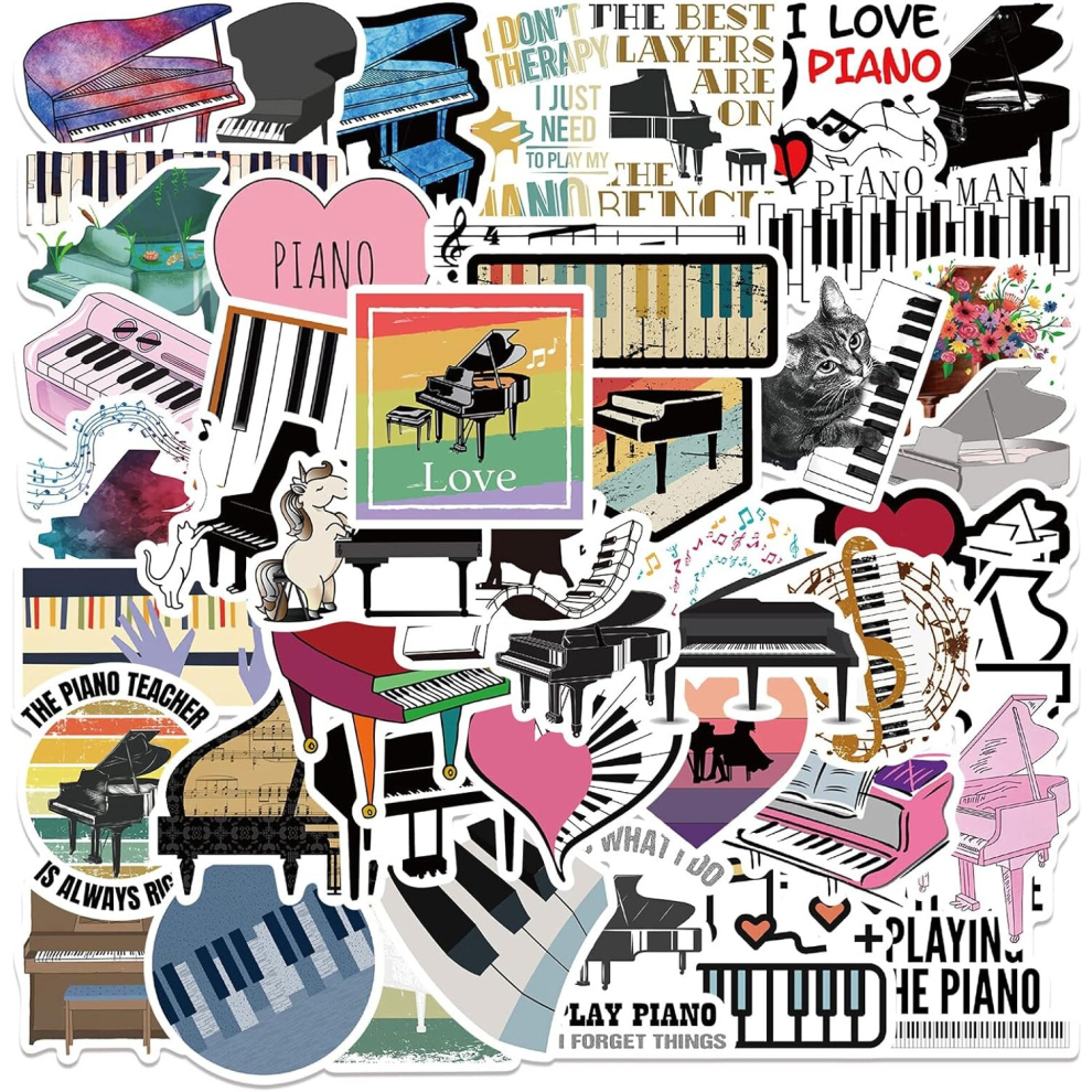 Piano Stickers - 50 Pcs Cartoon Lovely PVC Kawaii Decals Funny Vinyl Decoration DIY Decor for Teens (Piano Sticker)