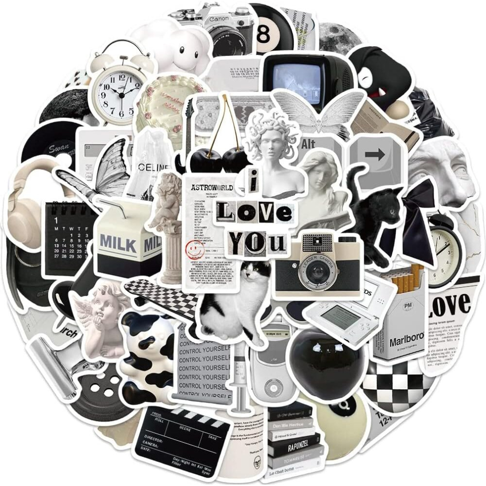 Tianci Vintage Aesthetic Stickers,Waterproof For Scrapbook Water Bottles Laptop,61Pcs Vinyl Black And White Stickers For Computer Skateboard Phone Bumper White,Black