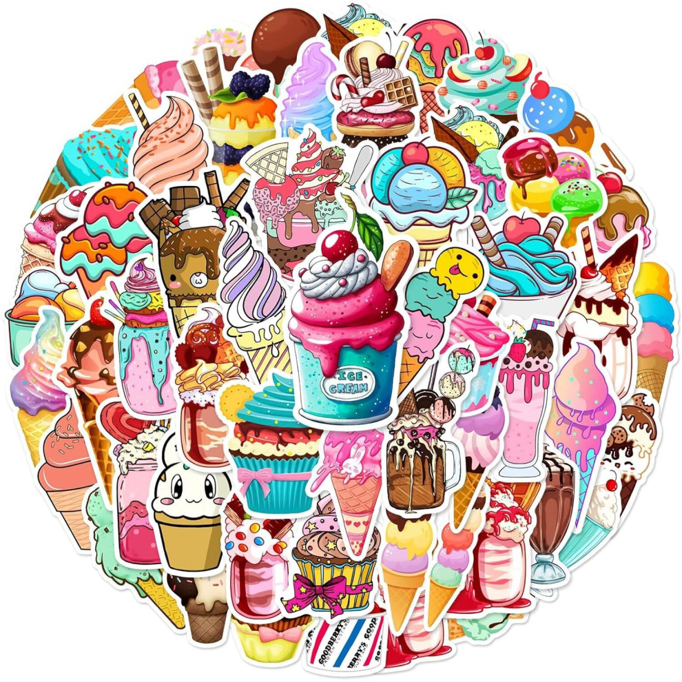 Ice Cream 50 Pcs Summer Food Stickers,Colorful Ice Cream Vinyl Waterproof DIY Decorations Laptop Water Botter Guitar Decor for Kid Teens Adults