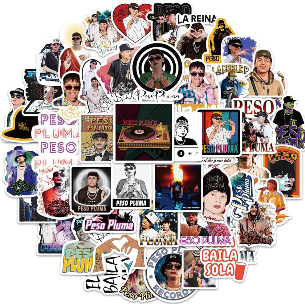 50Pcs Peso Plumas Stickers Mexican Music Singer Sticker for Teen, Cool Waterproof Vinyl Decal for Water Bottle,Laptop,Guitar,Skateboard,Phone,Helmet
