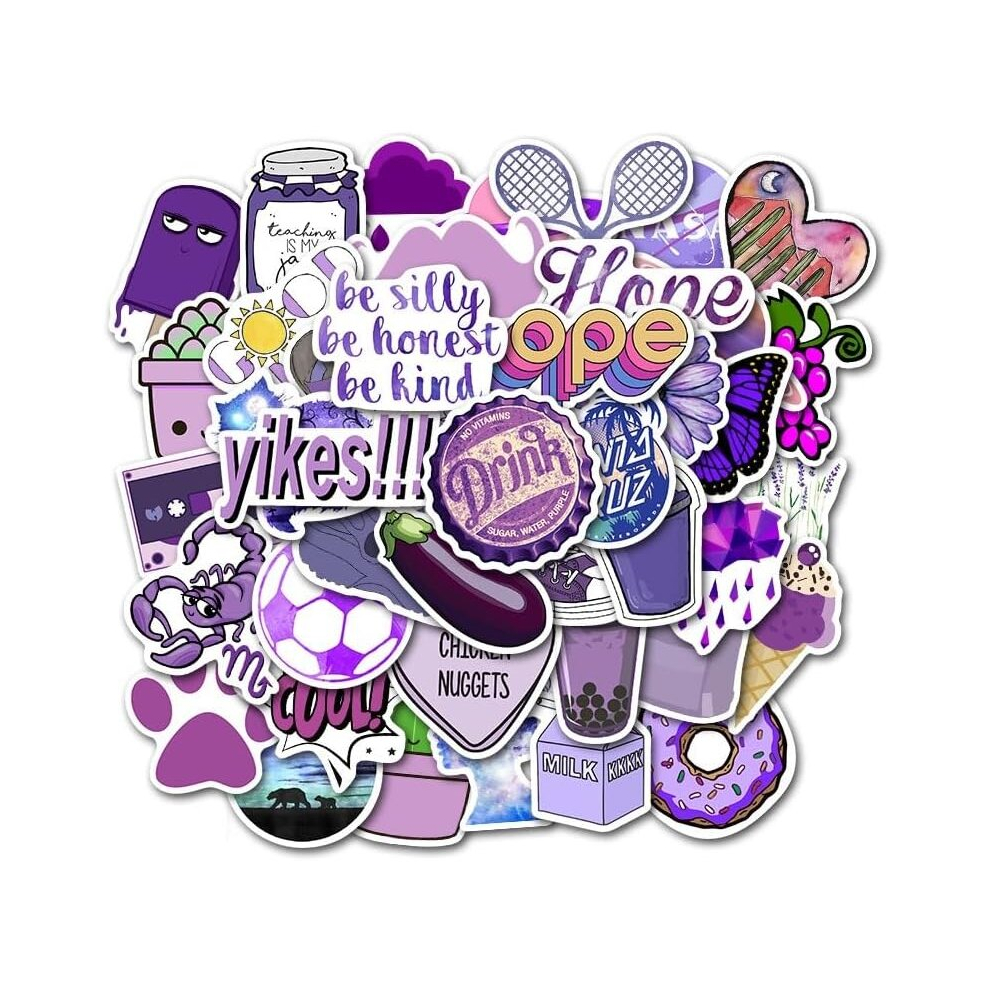 Tianci 50 Pcs Cute Stickers For Water Bottles Hydroflask, Waterproof Vinyl Aesthetic Laptop Skateboard Luggage Computer Stickers For Kids Teens Purple