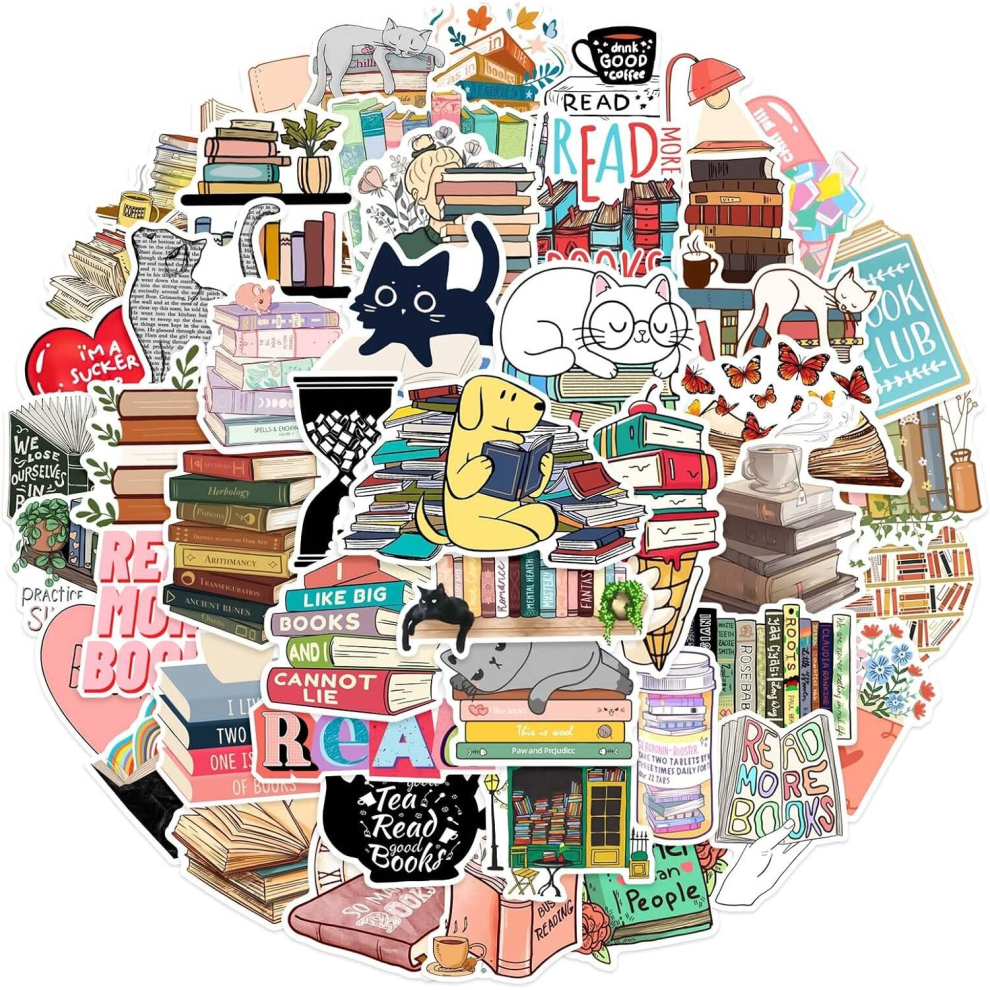 Reading Books Stickers for Kids Water Bottle, 50pcs Cute Waterproof Vinyl Decal  Notebook, Laptop, Travel Case, Phone, Bike, Skateboard, Guitar