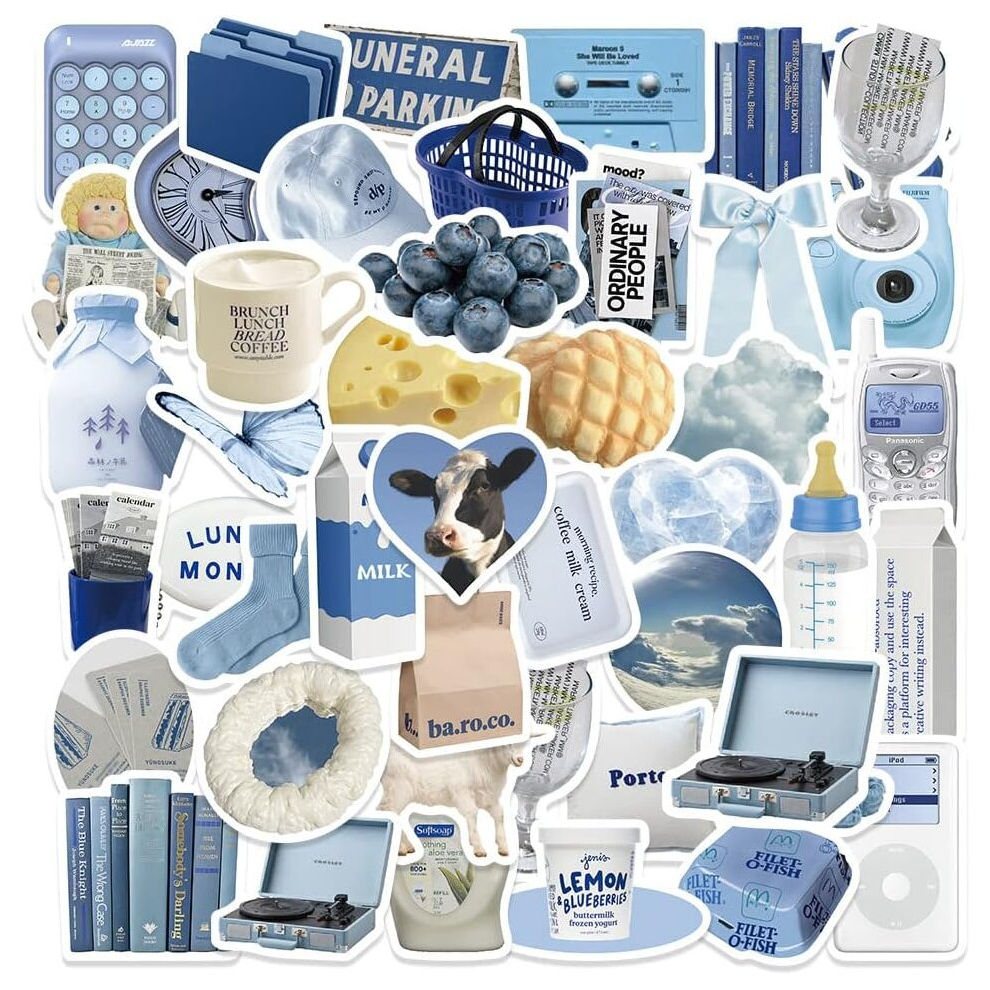 Tianci Aesthetic Stickers Waterproof Laptop Decals 60 Pcs For Water Bottle Laptop Computer Skateboard Bumper,Aesthetic Vinyl Stickers For Kids Teens Blue