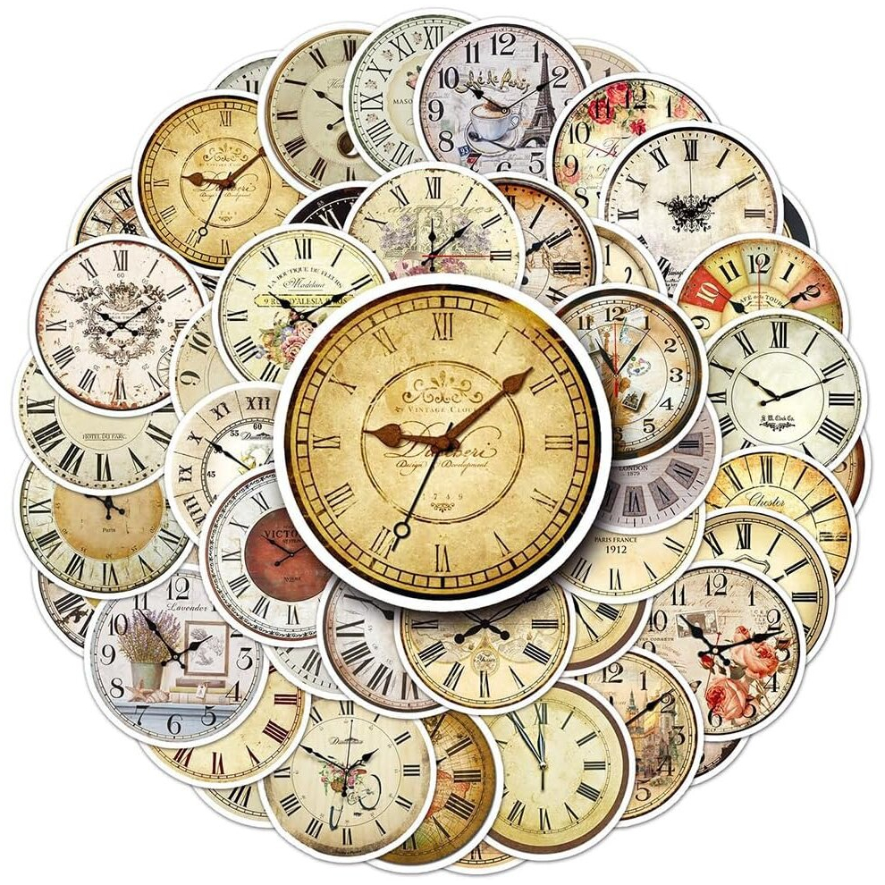 Tianci Nostalgic Clocks Stickers For Teens |50 Pcs| Cartoon Waterproof Vinyl Stickers For Laptop Water Bottle Phone Cup Tablet Luggage Flasks Notebook