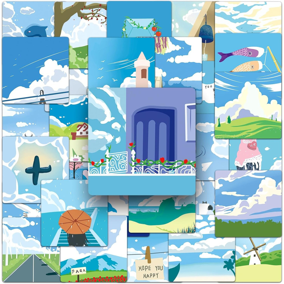 Tianci 50 Pcs White Cloud Blue Sky Scenery Stickers Vinyl Aesthetic Travel For Water Bottle Laptop Scrapbook Skateboard Cars,Waterproof Kawaii Decals Blue,White