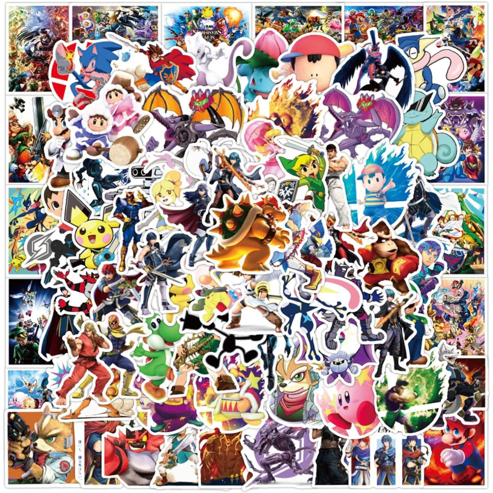 100pcs Game Super Smash Bro Stickers for Laptop, Cool Classic Cartoon Vinyl Decals Computer Skateboard Water Bottles Phone Scrapbook Car Luggage