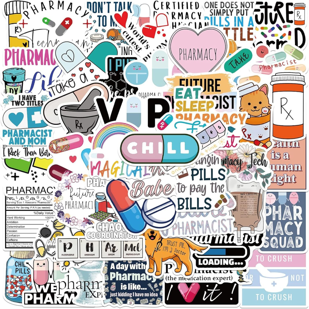 50 Pcs Pharmacist Stickers for Water Bottle Laptop Skateboard Luggage Guitar Car Motorcycle Bike Vinyl Waterproof Pharmacy Sticker for Teens Adults