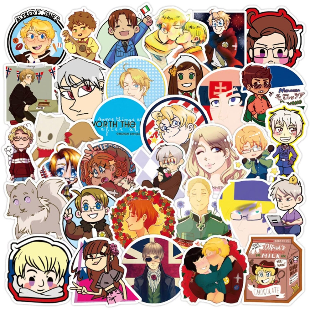 50pcs Hetalia Anime Stickers for Teens Laptop,Cute Funny Cartoon Vinyl Decal for Skateboard Water Bottles Phone Luggage Bike Guitar Scrapbook Helmet