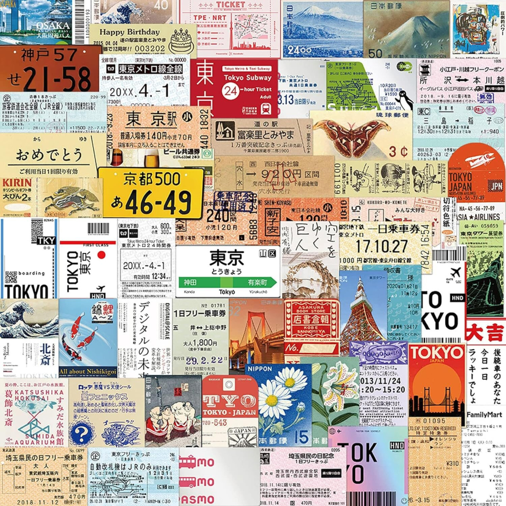 Tianci 60Pcs Tokyo Travel Stamps Stickers For Teens Laptops,Vintage Aesthetic Postage Stamp Waterproof Vinyl Decals For Water Bottle Suitcase Notebook