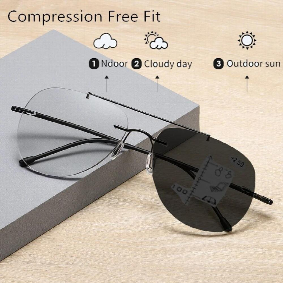 Titanium Alloy Double Bridge Rimless Photochromic Progressive Reading glasses 1To +4 See Near and Far Sun Magnifying Eyewear