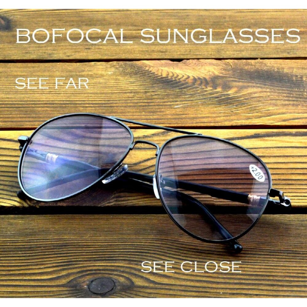 Pilot Double Bridge Gey Lenses Bifocal Reading Sunglasses +0.75 To +4 See Near and Far outdoor and indoor