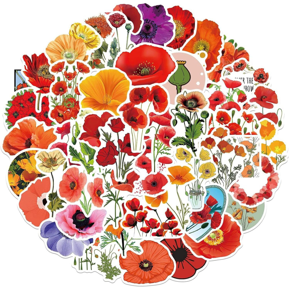 Poppies Aesthetic Cute Cartoon Flowers Stickers Laptop,50pcs Vinyl Waterproof Trendy Graffiti Decals for Water Bottle Computer Phone Journal Bumper