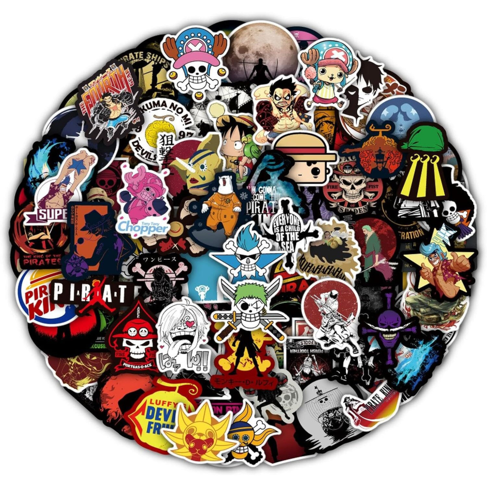 100pcs Cool One Piece Stickers for Laptop, Anime Cartoon Luffy Vinyl Waterproof Decals Water Bottles Phone Case Car Bike Skateboard Luggage