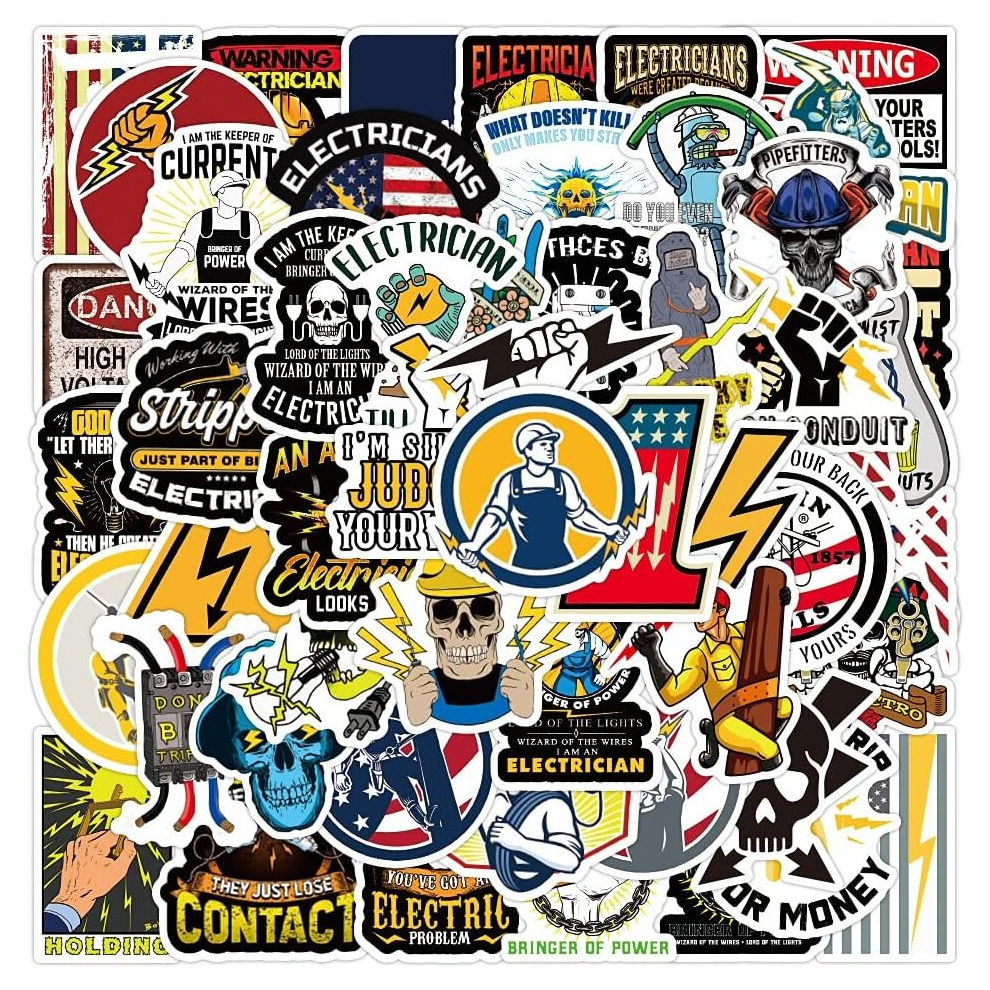 50Pcs Electrician Stickers for Water Bottle Laptop Skateboard Luggage Guitar Car Motorcycle Bike Vinyl Waterproof Electrician Hard Hat Sticker Pack