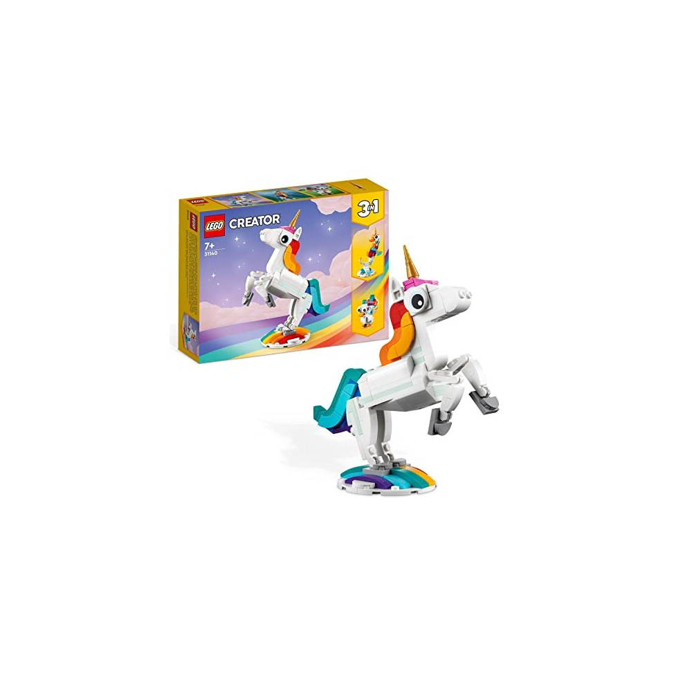 31140 Creator 3 in 1 Magical Unicorn Toy to Seahorse to Peacock, Rainbow Animal Figures, Unicorn Gift for Girls and Boys, Buildable Toys