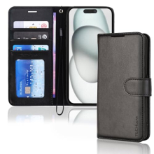 iPhone 15 Leather Wallet Case, Flip Protective Case Cover with Wallet Card Holder, Stand and Wrist Strap - Black PU Leather with Magnetic Closure for