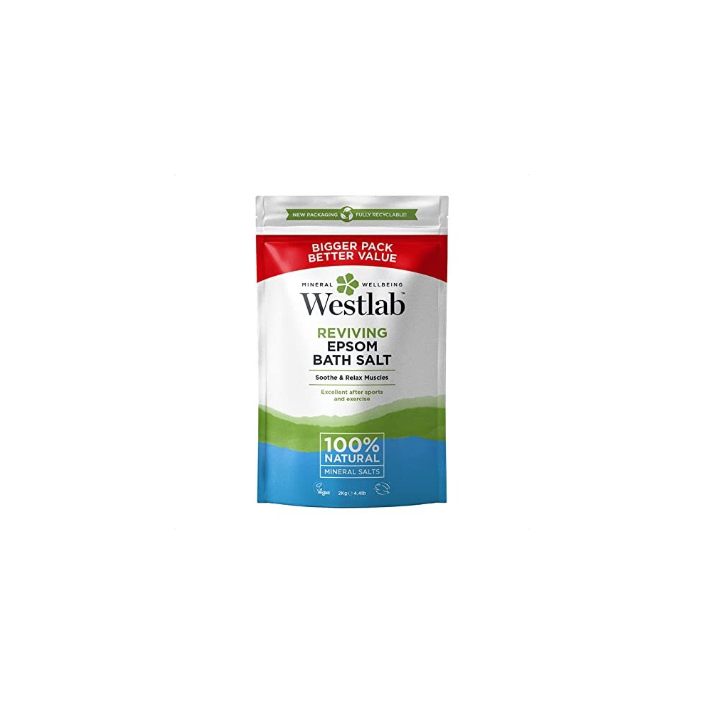 Westlab Reviving Epsom Salt 2Kg - Natural, Unscented Magnesium Sulfate, Resealable Pouch; Supports Sleep & Relieves Aching Muscles