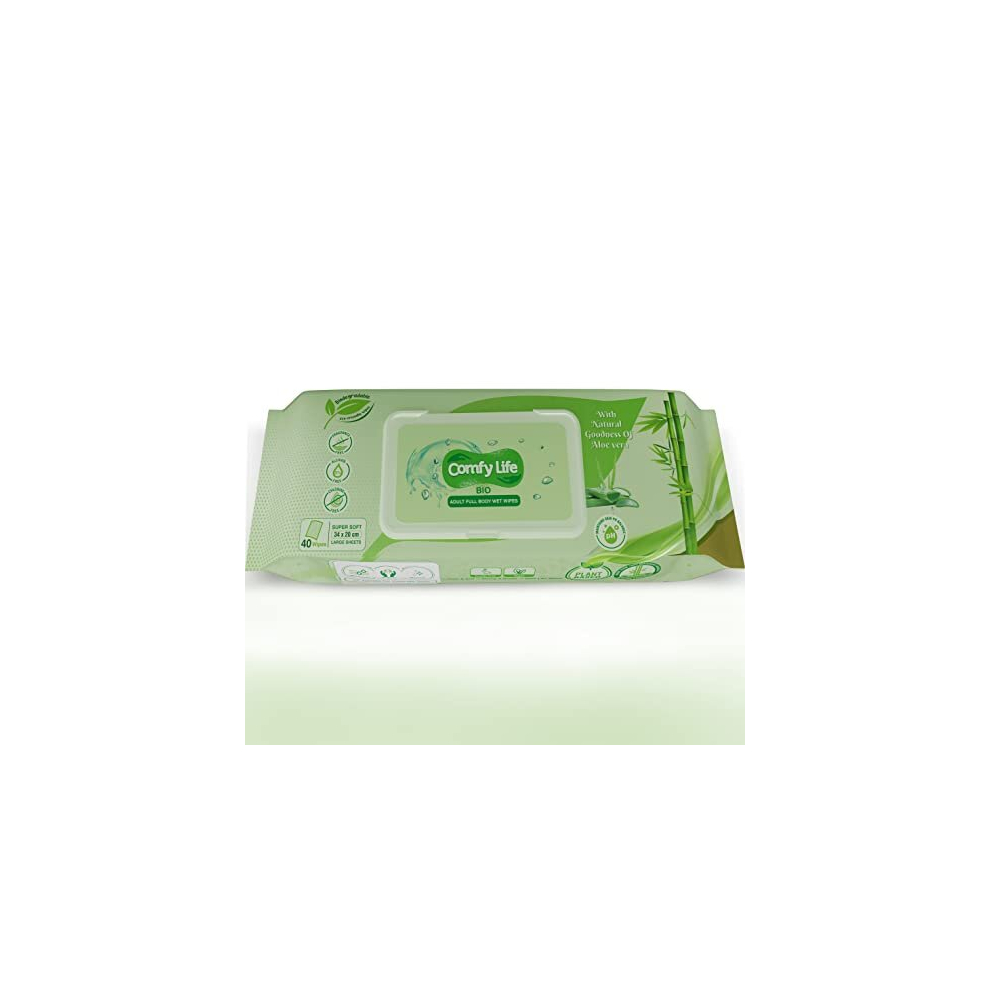 Comfy Life Biodegradable Large Full-Body Wet Wipes (40 Ct) - Eco-Friendly, Fragrance-Free, Rinse-Free, Aloe Vera, Bed & Intimate Care