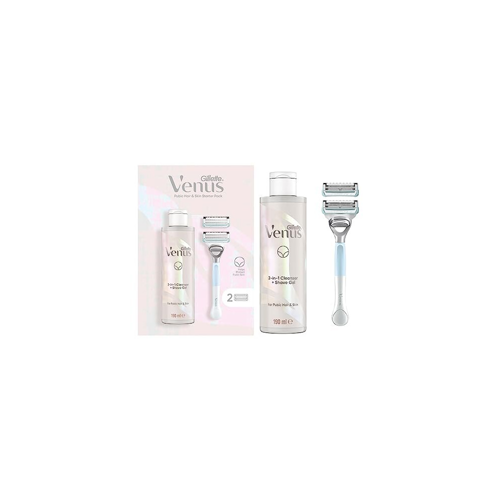 Gillette Women's Razor + 2 Blade Refills + 2In1 Shave Gel And Cleanser 190Ml Bundle, Specifically Designed For Pubic Hair & Skin With A Ph Balance