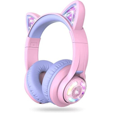 Bluetooth Kids Headphones, BTH13 Cat Ear LED Light Up Wireless 50H Playtime, 74/85/94dB Volume Limiting Children Headphones with Microphone Over for