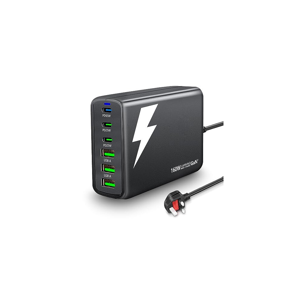 160W Usb C Charger,6 Ports Gan Charger Usb Fast Charger,3 Usb-C +3 Usb-A,Portable Travel Usb C Charging Station Compatible With Macbook Pro,Hp 760627730826