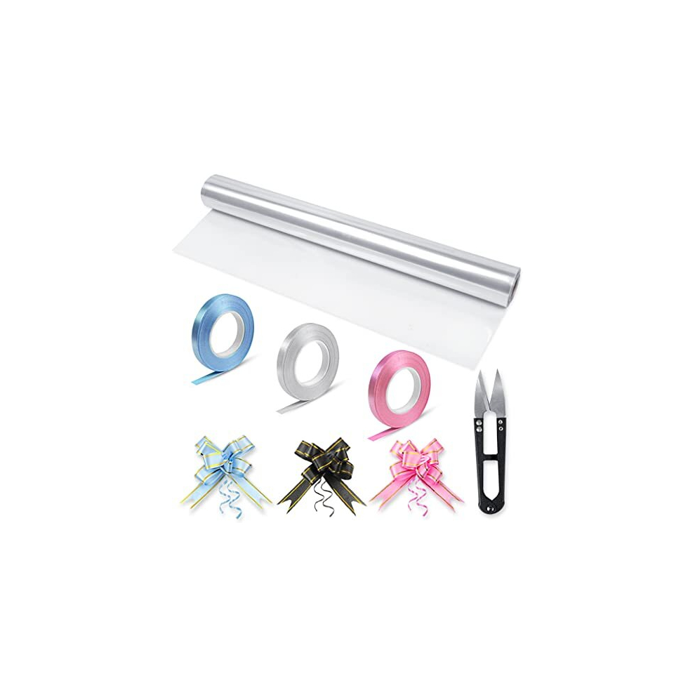 Clear Cellophane Wrap for Hampers,Cellophane Gift Wrapping Roll with 30 Pull Bows,3 Ribbon Rolls, and Scissors for Florist Bouquet Easter Valentine &