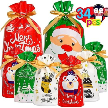 Christmas Gift Bags Multipack,34PCS Christmas Present Bags Christmas Wrapping Bags with Drawstring