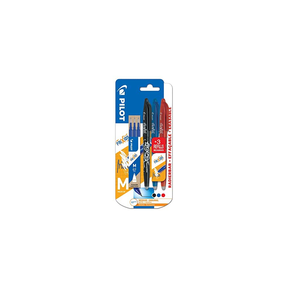 Pilot Frixion Ball - Erasable Gel Ink Pens - Blue Ink - Medium 0.7Mm Nib - Blister Pack Of 3 + 3 Refills