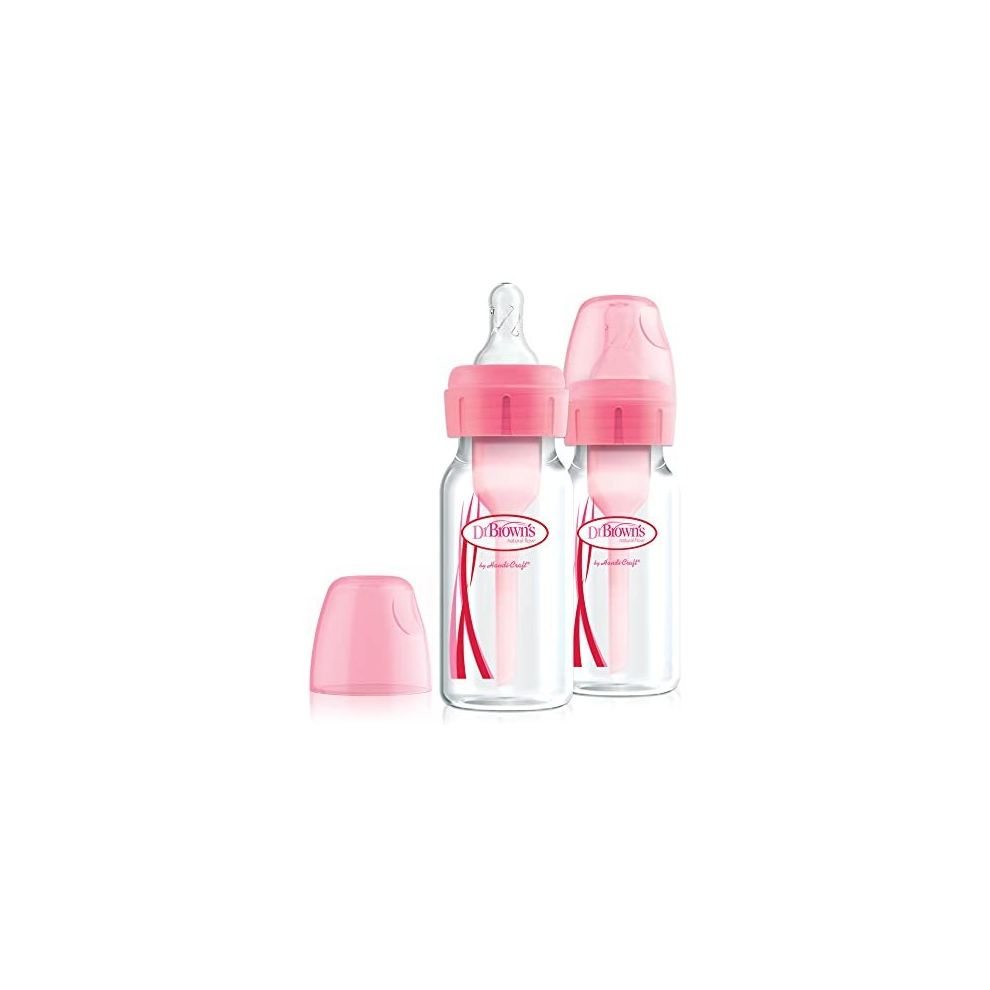 Dr. Brown's Natural Flow Anti-Colic Options+ Narrow Baby Bottle, 4oz/120ml, with Level 1 Slow Flow Teat, 2-Pack, Pink