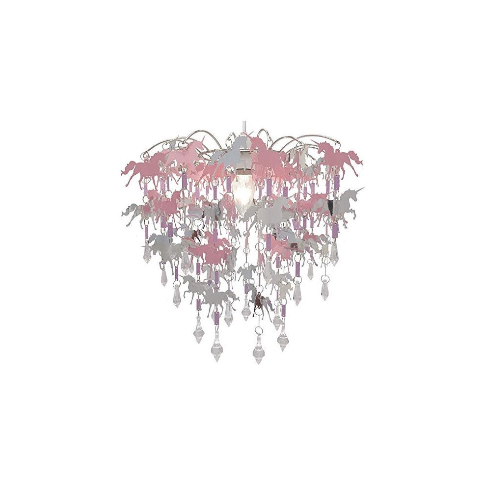 Unicorn Chandelier Children Bedroom Lamp Shade for Girls Nursery Decoration Pink Purple Silver with Shiny Pendants