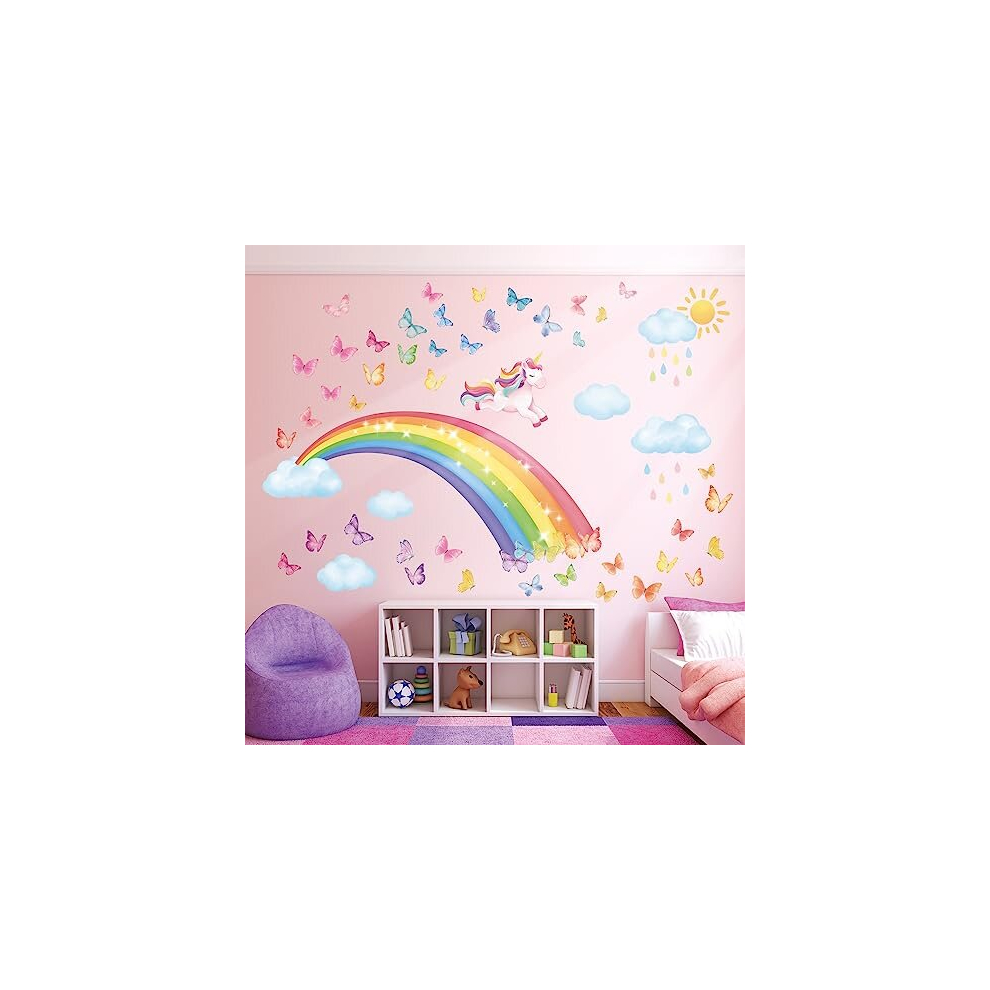 Decowall Women's Sg2-2309 Rainbow Wall Decals Unicorn Rainbow Butterflies Clouds Wall Stickers Baby Nursery Girls Bedroom Living Room Wall Décor
