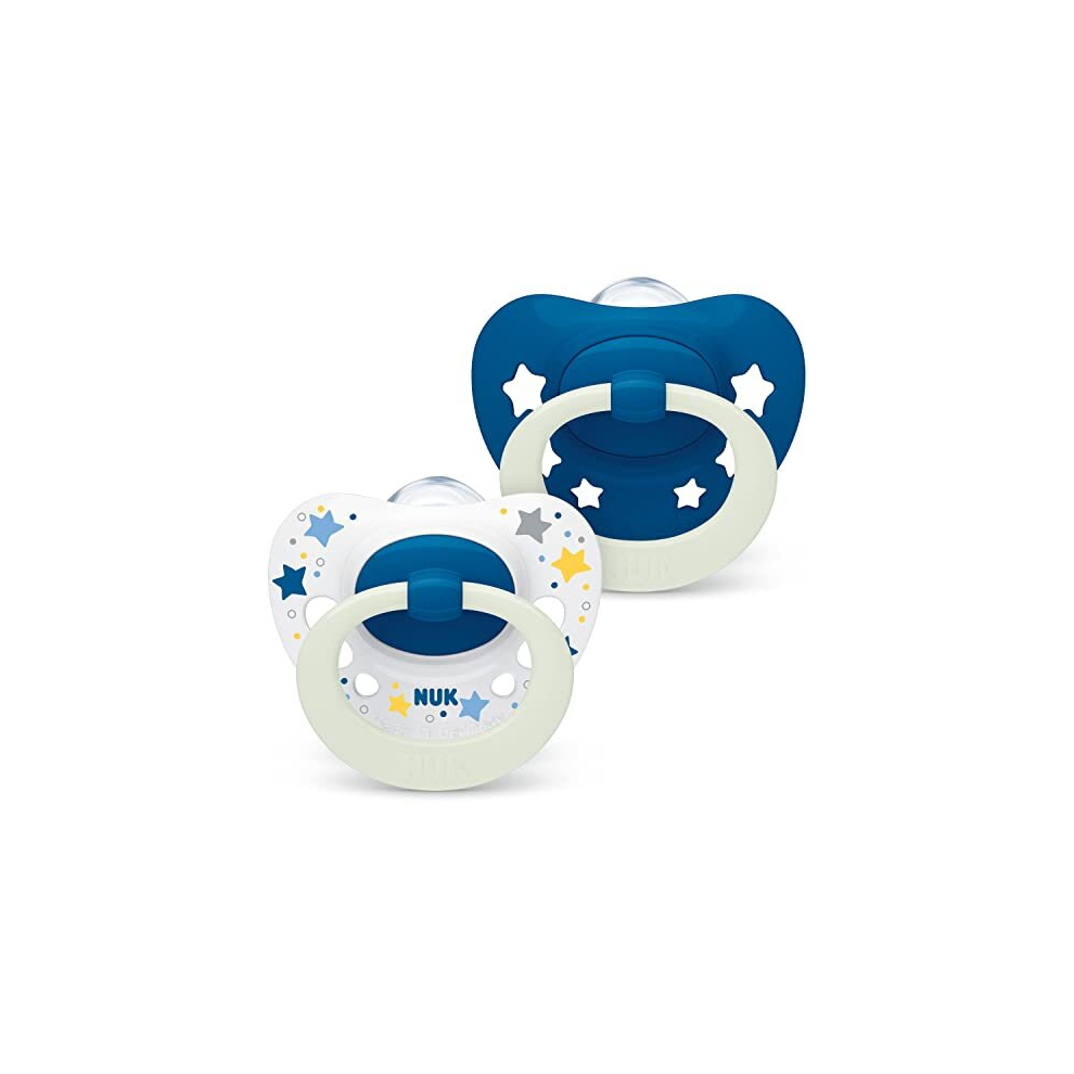 Signature Night Baby Dummy | 0-6 Months | Soothes 95% of Babies | Heart-Shaped BPA-Free Silicone Soothers | Glow-in-The-Dark | Includes Case | Blue