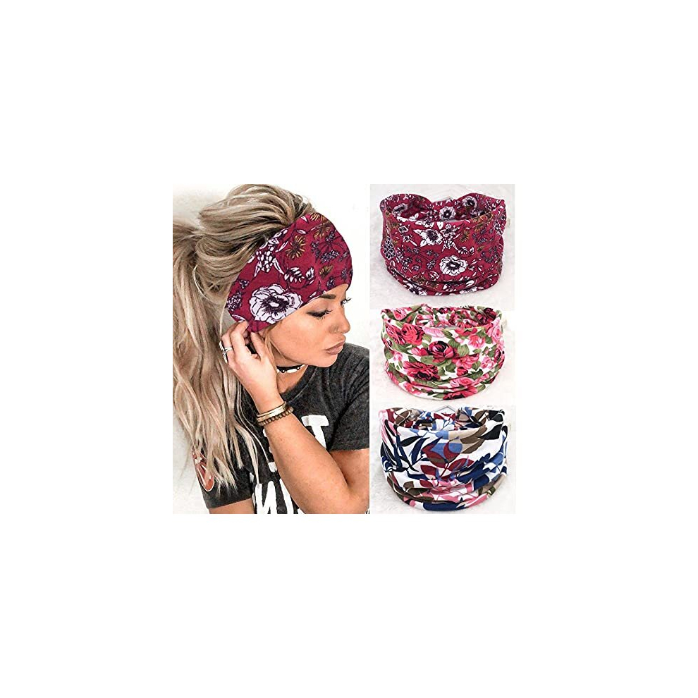 Boho Wide Headbands Women Headband Flower Printed Yoga Hair Bands Elastic Head Scarf Vintage Criss Cross Hair Accessories for Ladies and Girls (Pack