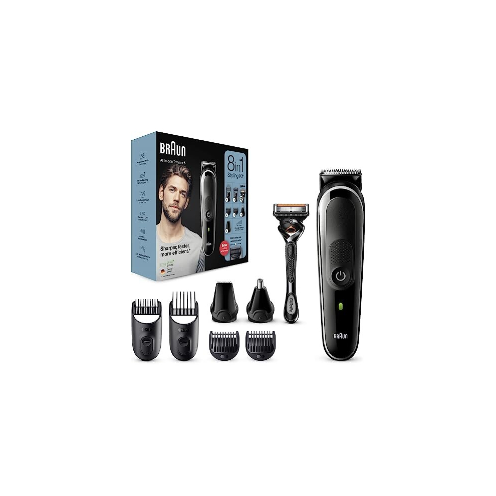 8-In-1 All-In-One Trimmer Series 5, Male Grooming Kit With Beard Trimmer, Hair Clippers, Ear & Nose Trimmer & Gillette Razor, 6 Attachments, Gifts For