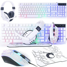 White Gaming Keyboard and Mouse and Gaming Headset & Mouse Pad, Wired LED RGB Backlight Bundle for PC Gamers Users - 4 in 1 White Edition Hornet