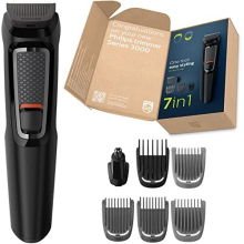 7-in-1 All-in-One Trimmer, Series 3000 Grooming Kit for Beard & Hair with 7 Attachments, Including Nose Trimmer, Self-Sharpening Blades, UK 3-Pin Plug