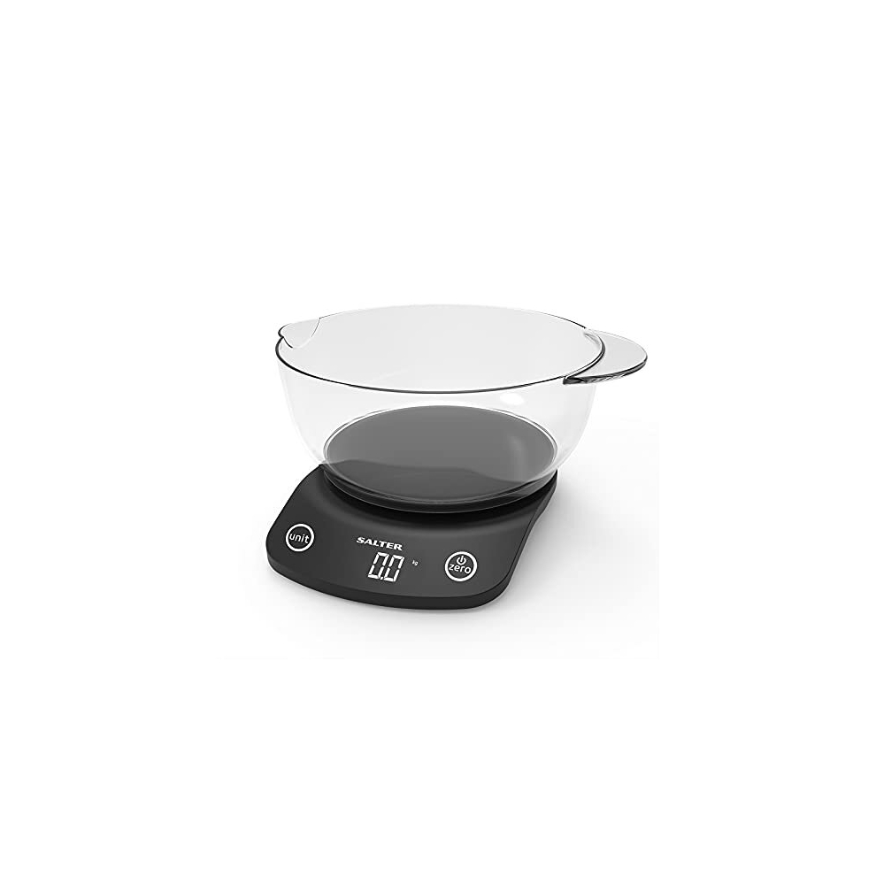 Salter 1074 Bkdr Electronic Digital Kitchen Scale, Max 5 Kg, Cooking Baking, Add & Weigh, Measures Liquids/Fluids, Hidden Until Lit Display, 1.8 Litre