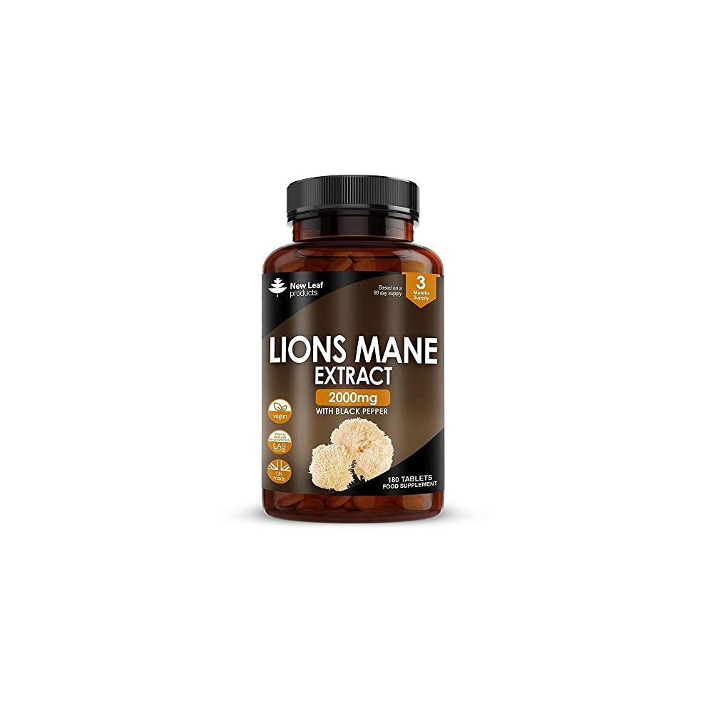 Lions Mane Mushroom 2000mg - 180 High Strength Vegan Tablets - Lion's Mane Supplement with Black Pepper - Lion's Mane Mushrooms Extract (Not Powder or