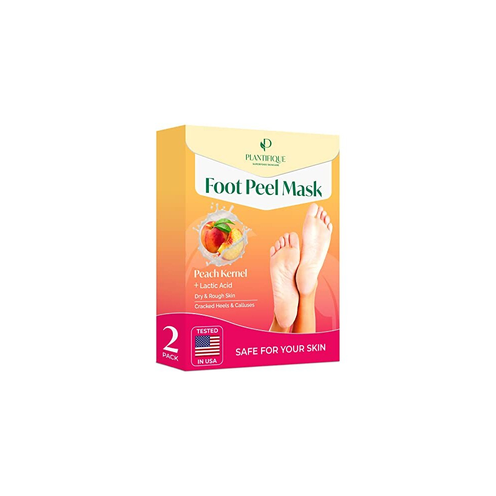 Foot Peel Mask with Peach by Plantifique - 2 Pack Foot Mask Dermatologically Tested - Repair Heels & Removes Dry Dead Skin for Soft Baby Feet -