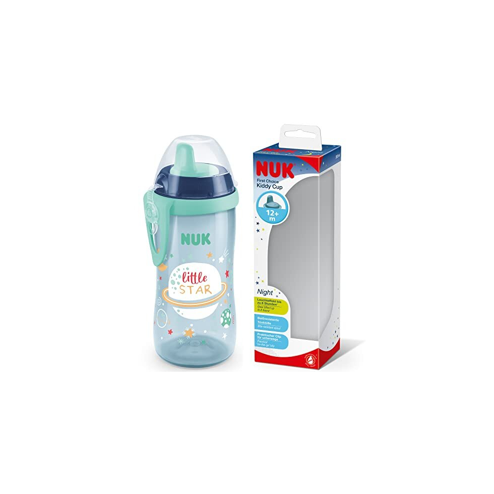 Kiddy Cup Night Toddler Cup | 12+ Months | 300 ml | Leak-Proof Toughened Spout | Glow in The Dark | Clip & Protective Cap | BPA-Free | Blue