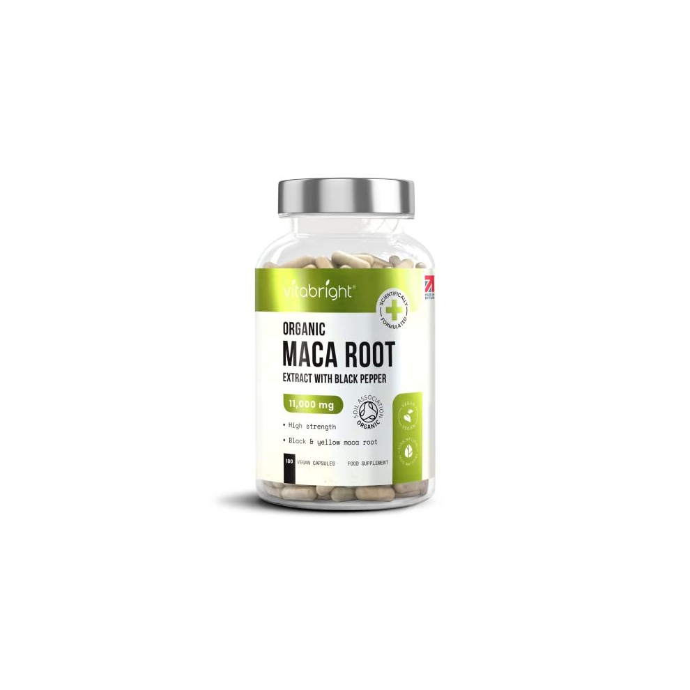 Organic Maca Root Capsules - 11000mg High Strength - 180 Capsules (3 Month Supply) - Premium Quality Black and Yellow Maca Extract - Black Pepper to