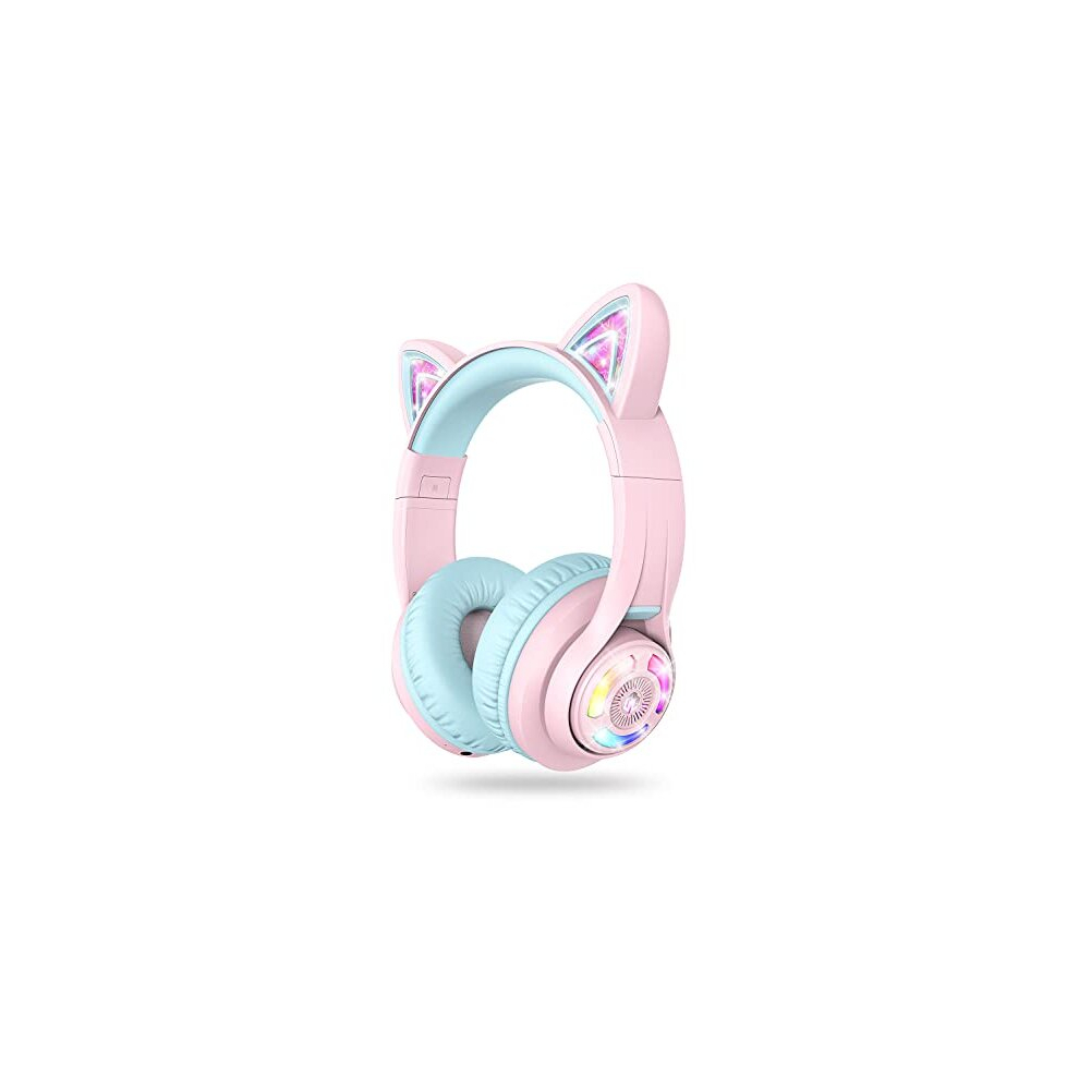 Bluetooth Kids Headphones, BTH13 Cat Ear LED Light Up Kids Wireless Headphones, 50H Playtime, 74/85/94dB Volume Limiting Children Headphones with