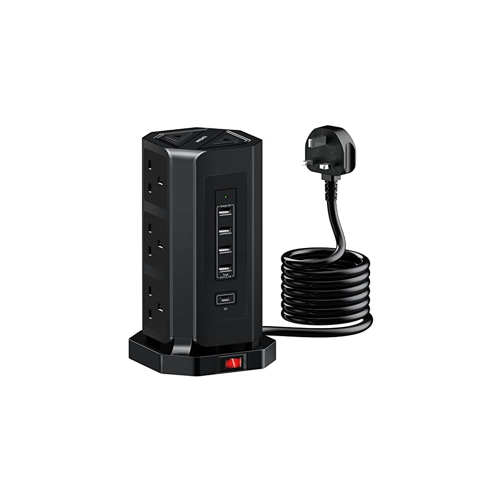 Extension Lead Tower with USB Slots, NVEESHOX 9 Way Plug Extension and 5 USB Ports (1 USB-C /18W Fast Charging), Multi-Plug Surge Protector Power