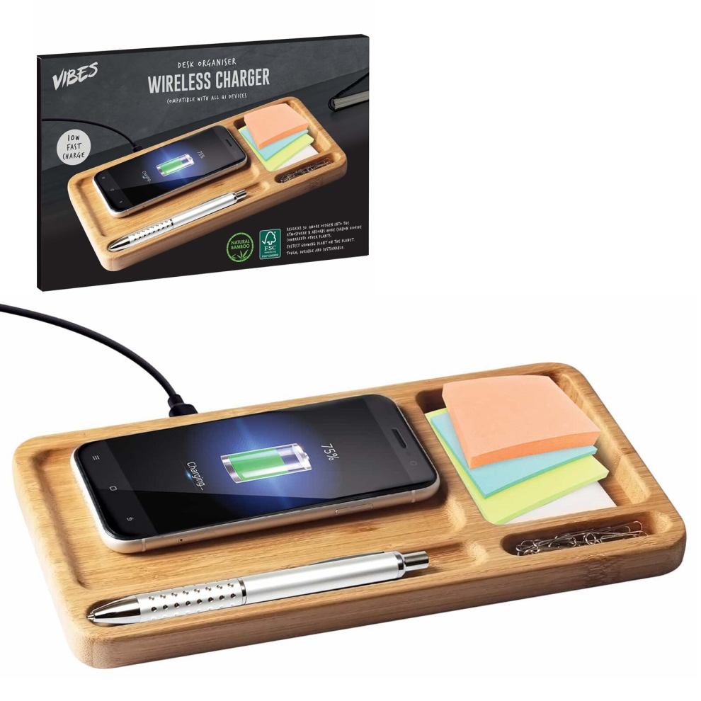 Vibes Natural Bamboo Desk Organiser With 10W qi Wireless Charger